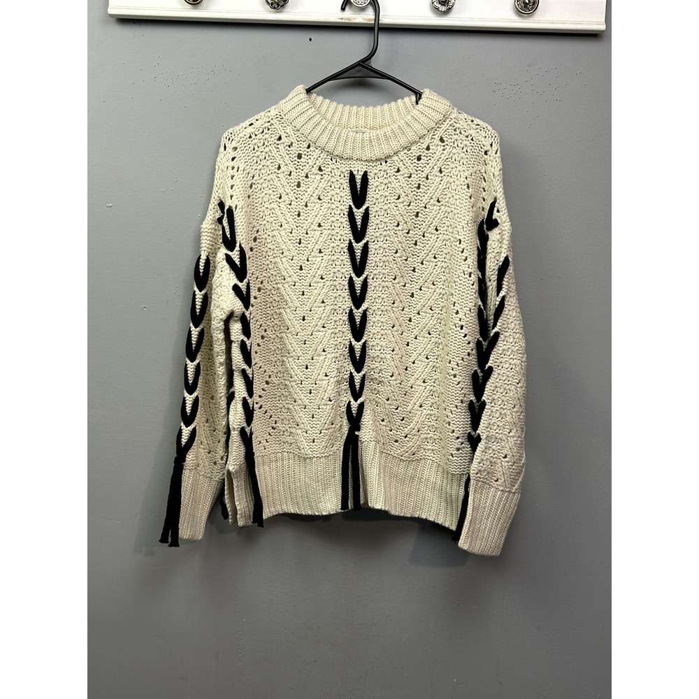 RETROD Sweater Womens XS White Black Lace Up Tassel‎ Knit Pullover Crew Neck